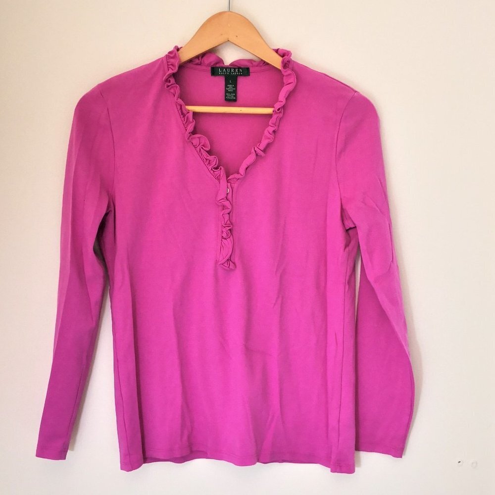 NWOT Lauren Ralph Lauren‎ Ruffled Neck Top Pink Size L
